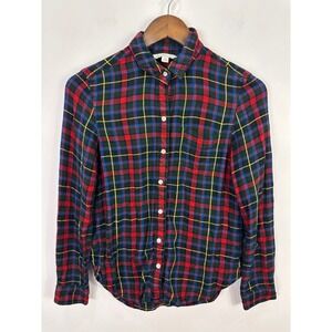 LL Bean Signature Plaid Shirt Womens XS Red Rayon Flannel Button Down Preppy